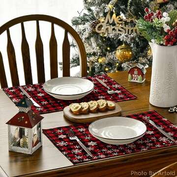 Artoid Mode Red and Black Buffalo Plaid Christmas Placemats for Dining Table, 12 x 18 Inch Seasonal Winter Xmas Snowflakes Holiday Rustic Vintage Thanksgiving Washable Table Mats Set of 4