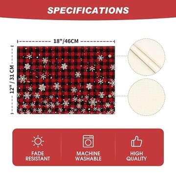 Artoid Mode Red and Black Buffalo Plaid Christmas Placemats for Dining Table, 12 x 18 Inch Seasonal Winter Xmas Snowflakes Holiday Rustic Vintage Thanksgiving Washable Table Mats Set of 4