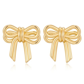 FAMARINE Gold Bow Earrings: Elegant Double Bow Studs for Women