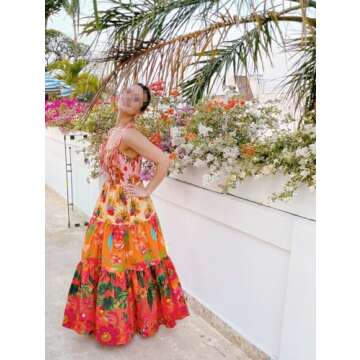 Women Cute Colorful Graffiti Floral Ruffle Cami Dress Summer Long Boho Flowy Dresses Sexy Spaghetti Strap Maxi Sun Dress