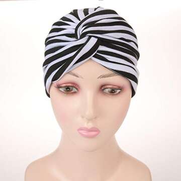 Cotton Striped Beanie Turban Chemo Hat Head Wrap Cap Headwear for Cancer Patients (Black/White)