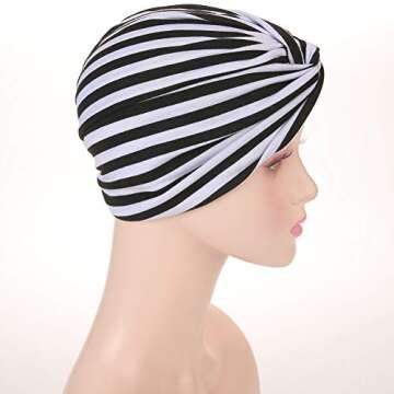 Cotton Striped Beanie Turban Chemo Hat Head Wrap Cap Headwear for Cancer Patients (Black/White)