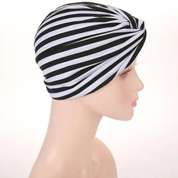 Cotton Striped Beanie Turban Chemo Hat Head Wrap Cap Headwear for Cancer Patients (Black/White)