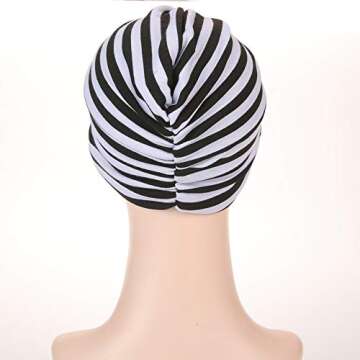 Cotton Striped Beanie Turban Chemo Hat Head Wrap Cap Headwear for Cancer Patients (Black/White)