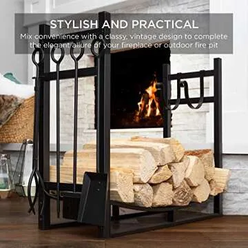Best Choice Products 34.25in Firewood Log Rack & Tool Set Steel Wood Storage Accessory for Indoor Outdoor Fire Pit, Fireplace w/Kindling Holder, Shovel, Poker, Tongs, Brush