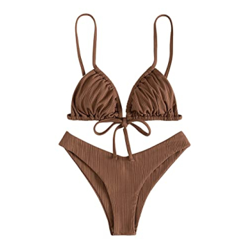SweatyRocks Women's Sexy Ruched Tie Front 2 Piece Bikini Set Solid High Cut Triangle Swimsuit Bathin...