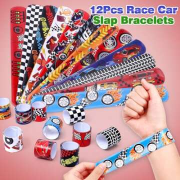 KELENO 98 Pcs Race Car Party Favors Racecar Birthday Supplies Straw Bubble Slap Band Sticker Racing Toy Gift Boy Girl Goodie Bag Stuffer Cars Party Favors for Kids 3-5 4-8