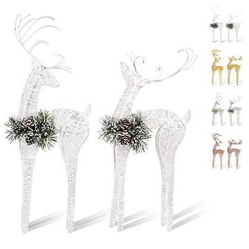 ZHANYIGY 2pc Set White Pinecone Rattan Thread String Christmas Reindeer Figurine Table Desk Decorati...
