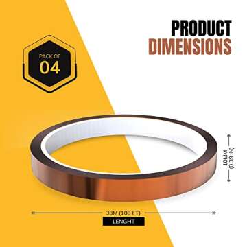 4 Roll - 10mm x 33m (108ft) SAMKARIM Heat Resistant Transfer Tape for Sublimation - Leaves No-Mark or Residue, Strong Adhesive Kapton Tape Perfect for Heat Press, 3D Printer, Soldering, and PCB Boards