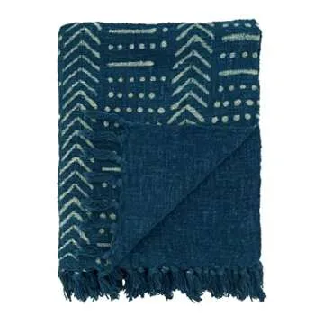 Fennco Styles Mudcloth Tassel Cotton Throw Blanket 50" W x 60" L – Indigo Woven Blanket for Home, ...