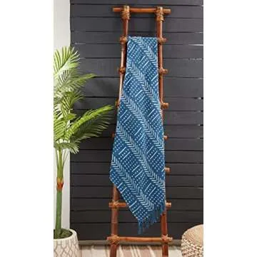Fennco Styles Mudcloth Tassel Cotton Throw Blanket 50" W x 60" L – Indigo Woven Blanket for Home, Couch, Bedroom, Living Room and Office Décor