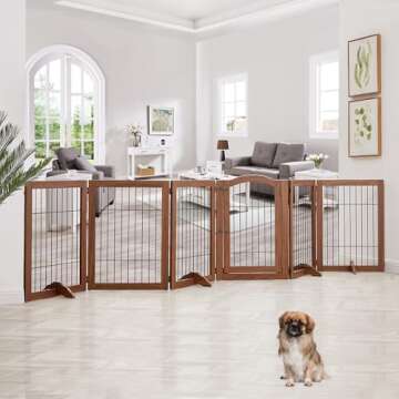 beeNbkks Extra Wide Pet Gate, 6 Panels Freestanding Dog Gate with Walk Through Door and 4 Support Fe...