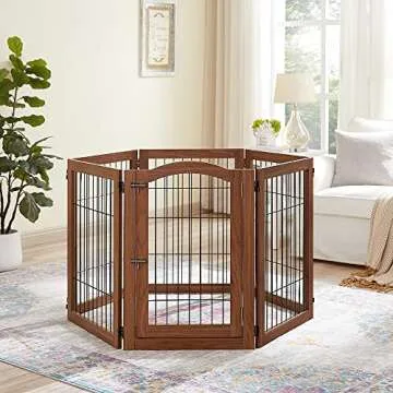 beeNbkks Extra Wide Pet Gate, 6 Panels Freestanding Dog Gate with Walk Through Door and 4 Support Feet, Foldable Pet Barrier Fence for Stairs Doorways Fireplace, Indoor Exercise Playpen for Dogs Cats