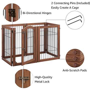 beeNbkks Extra Wide Pet Gate, 6 Panels Freestanding Dog Gate with Walk Through Door and 4 Support Feet, Foldable Pet Barrier Fence for Stairs Doorways Fireplace, Indoor Exercise Playpen for Dogs Cats
