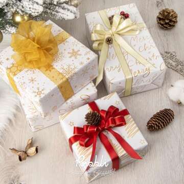 Ribbli White Gold Merry Christmas Wrapping Paper Rolls Snowflake Merry Christmas Tree Pattern with G...