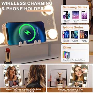 Hansong Lighted Vanity Mirror with Bluetooth Speaker and Wireless Charging Makeup Mirror with Lights 9 Dimmable Bulbs Lighted Makeup Mirror 3 Color Lighting Tabletop (White)