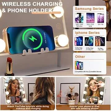 Hansong Lighted Vanity Mirror with Bluetooth Speaker and Wireless Charging Makeup Mirror with Lights 9 Dimmable Bulbs Lighted Makeup Mirror 3 Color Lighting Tabletop (White)