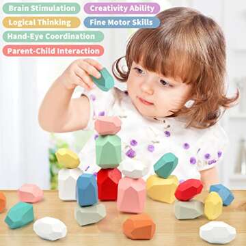 FUNNYB&G 36 PCS Stacking Rocks Montessori Toys for 3+ Year Old Girls Boys Wooden Building Blocks Bal...