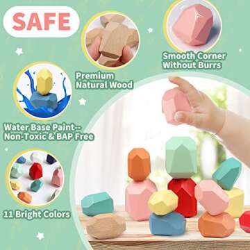FUNNYB&G 36 PCS Stacking Rocks Montessori Toys for 3+ Year Old Girls Boys Wooden Building Blocks Balancing Stones for Kids Preschool Educational Sensory Toys for Toddlers Easter Birthday Gifts