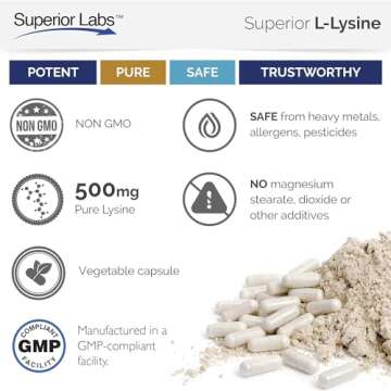 Superior Labs – Best L-Lysine NonGMO - Dietary Supplement –500 mg Pure Active L-Lysine – 120 Vegetable Capsules – Supports Calcium Absorption – Immune System & Respiratory Health Support
