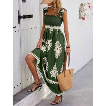 Chouyatou Women's Retro Smocked Bohemian Maxi Dress Floral Print Spaghetti Strap Swing Beach Party D...