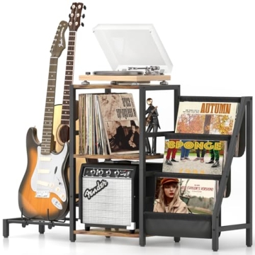 Bikoney Record Player Stand with Guitar Holder, Guitar Rack for Acoustic, Electric Guitar, Bass, Gui...
