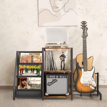 Bikoney Record Player Stand with Guitar Holder, Guitar Rack for Acoustic, Electric Guitar, Bass, Guitar Stand Multiple Guitars, Vinyl Record Stand, Guitar Stands Floor for Studio