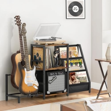 Bikoney Record Player Stand with Guitar Holder, Guitar Rack for Acoustic, Electric Guitar, Bass, Guitar Stand Multiple Guitars, Vinyl Record Stand, Guitar Stands Floor for Studio