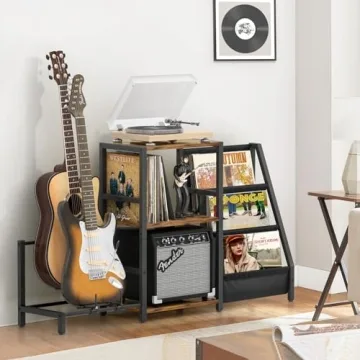 Bikoney Record Player Stand with Guitar Holder, Guitar Rack for Acoustic, Electric Guitar, Bass, Guitar Stand Multiple Guitars, Vinyl Record Stand, Guitar Stands Floor for Studio