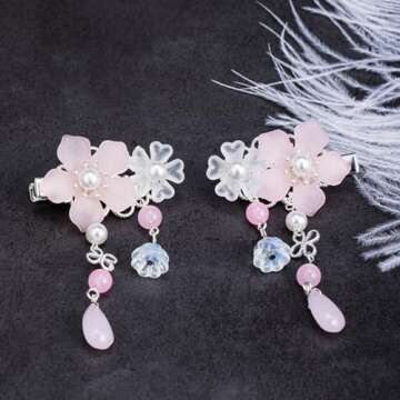 2 Pairs Vintage Crystal Tassel Hair Clips Chinese Ancient Style Hairpins Flower Alligator Clips Hanfu Hair Accessories Bride Wedding Headdress for Women Girls