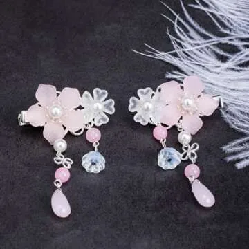 2 Pairs Vintage Crystal Tassel Hair Clips Chinese Ancient Style Hairpins Flower Alligator Clips Hanfu Hair Accessories Bride Wedding Headdress for Women Girls