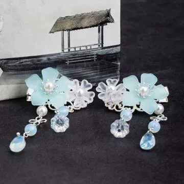 2 Pairs Vintage Crystal Tassel Hair Clips Chinese Ancient Style Hairpins Flower Alligator Clips Hanfu Hair Accessories Bride Wedding Headdress for Women Girls