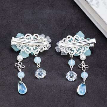 2 Pairs Vintage Crystal Tassel Hair Clips Chinese Ancient Style Hairpins Flower Alligator Clips Hanfu Hair Accessories Bride Wedding Headdress for Women Girls