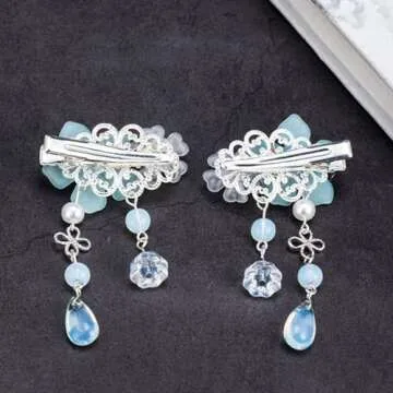 2 Pairs Vintage Crystal Tassel Hair Clips Chinese Ancient Style Hairpins Flower Alligator Clips Hanfu Hair Accessories Bride Wedding Headdress for Women Girls