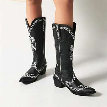 HINDOLA Women's Cowgirl Boots Skull Embroidery Cowboy Mid Calf Boots Western Chunky Block Heel Fashi...
