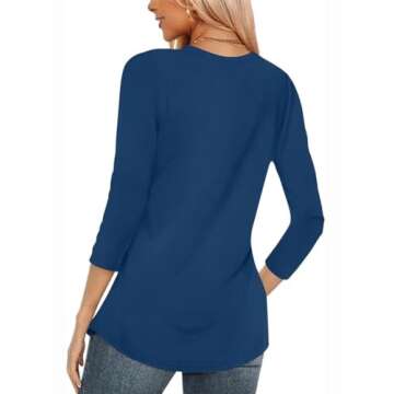 Poetsky Summer T Shirts for Women Casual V Neck Tops 3/4 Sleeve Cotton Shirt Basic Tees Navy Blue L