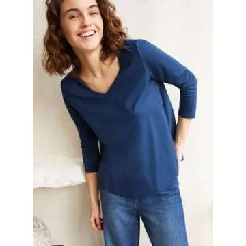 Poetsky Summer T Shirts for Women Casual V Neck Tops 3/4 Sleeve Cotton Shirt Basic Tees Navy Blue L
