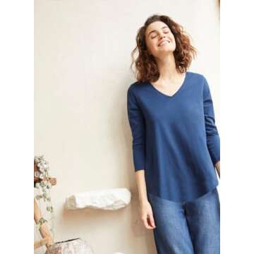 Poetsky Summer T Shirts for Women Casual V Neck Tops 3/4 Sleeve Cotton Shirt Basic Tees Navy Blue L