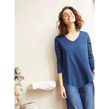 Poetsky Summer T Shirts for Women Casual V Neck Tops 3/4 Sleeve Cotton Shirt Basic Tees Navy Blue L