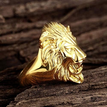 SAINTHERO Men's Gold Lion Head Ring 316L Stainless Steel Punk Style