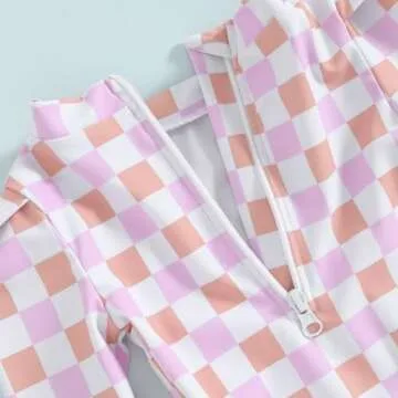Toddler Baby Girl One Piece Swimsuit Long Sleeve Checkerboard Print Rash Guard Swimwear Summer Bathing Suit Purple 12-18 Months