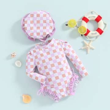 Toddler Baby Girl One Piece Swimsuit Long Sleeve Checkerboard Print Rash Guard Swimwear Summer Bathing Suit Purple 12-18 Months
