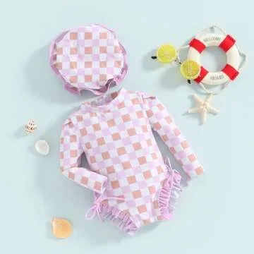 Toddler Baby Girl One Piece Swimsuit Long Sleeve Checkerboard Print Rash Guard Swimwear Summer Bathing Suit Purple 12-18 Months