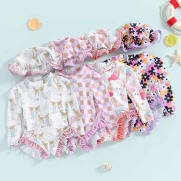 Toddler Baby Girl One Piece Swimsuit Long Sleeve Checkerboard Print Rash Guard Swimwear Summer Bathing Suit Purple 12-18 Months