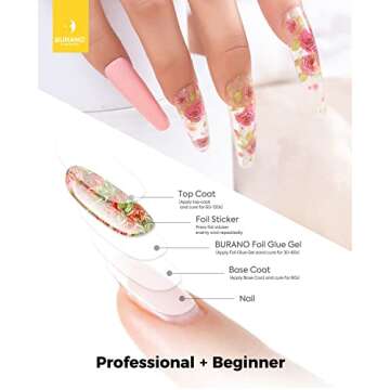 BURANO Nail Art Foil Glue Gel, 15ML 2 Bottles with 60PCS Foils Sticker, Nails Designer Adhesive Transfer Art UV LED Lamp Required