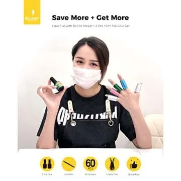 BURANO Nail Art Foil Glue Gel, 15ML 2 Bottles with 60PCS Foils Sticker, Nails Designer Adhesive Transfer Art UV LED Lamp Required