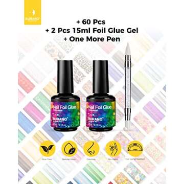 BURANO Nail Art Foil Glue Gel, 15ML 2 Bottles with 60PCS Foils Sticker, Nails Designer Adhesive Transfer Art UV LED Lamp Required