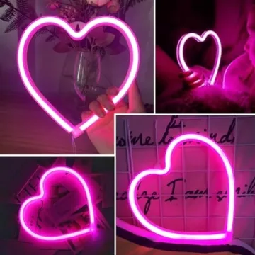 Pink Heart Neon Sign, LED Heart Light Battery Operated or USB Powered Heart Neon Light, Table and Wall Decoration Lights for Valentines Day Wedding Anniversary Girl's Room Party Birthday Home Décor