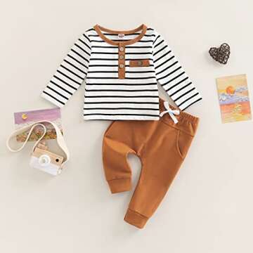 Toddler Infant Baby Boy Clothes Long Sleeve Striped T-Shirt Pullover Tops Solid Pants 2Pcs Fall Wint...
