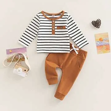 Toddler Infant Baby Boy Clothes Long Sleeve Striped T-Shirt Pullover Tops Solid Pants 2Pcs Fall Wint...